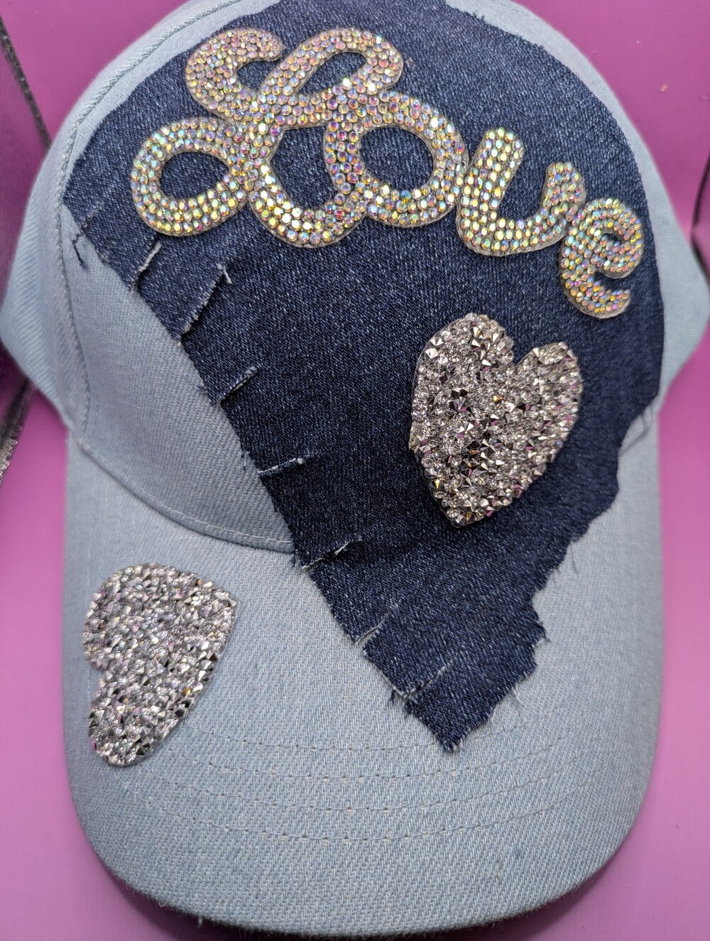Rhinestone 'Love' Denim Patch Baseball Cap - Light Blue